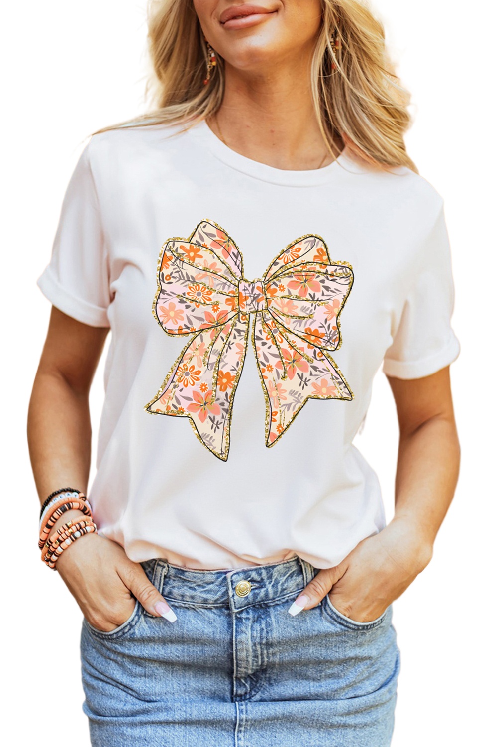 Women's White Glitter Trim Floral Bow Print Cotton Blend T-Shirt for Casual Summer Style - Main View