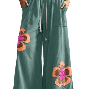 Women's Sea Green Wide Leg Pants – Floral Patchwork Drawstring Trousers, Casual High Waist Bottoms - Main View