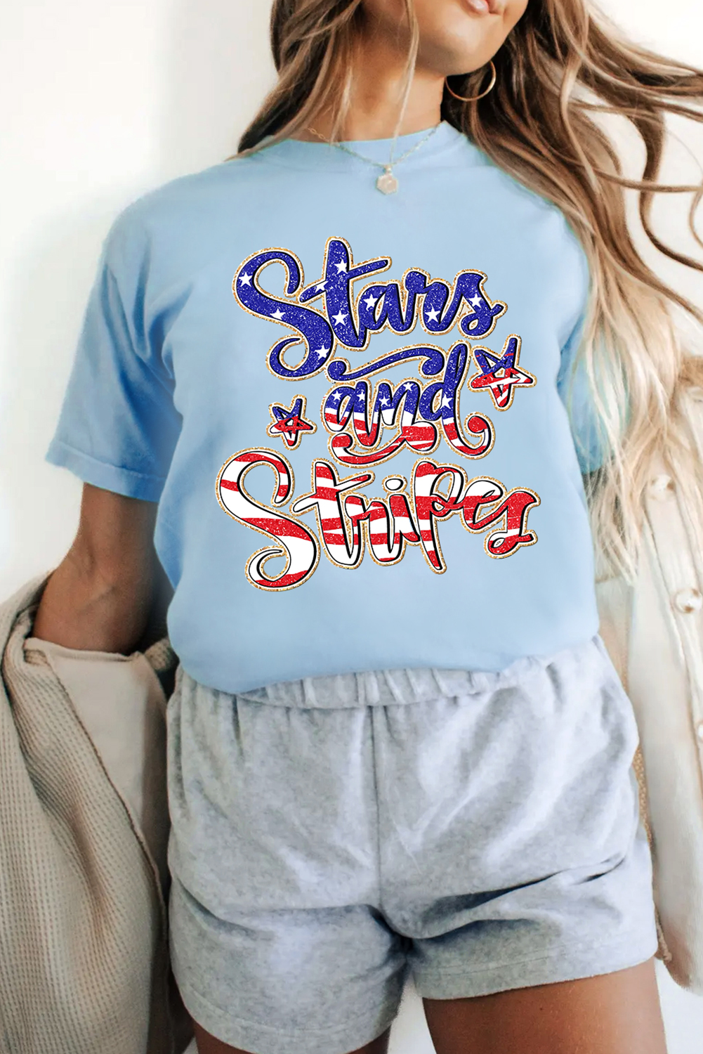 Casual Round Neck Short Sleeve Tee with Bold American Flag Design for Independence Day - Detail View 6