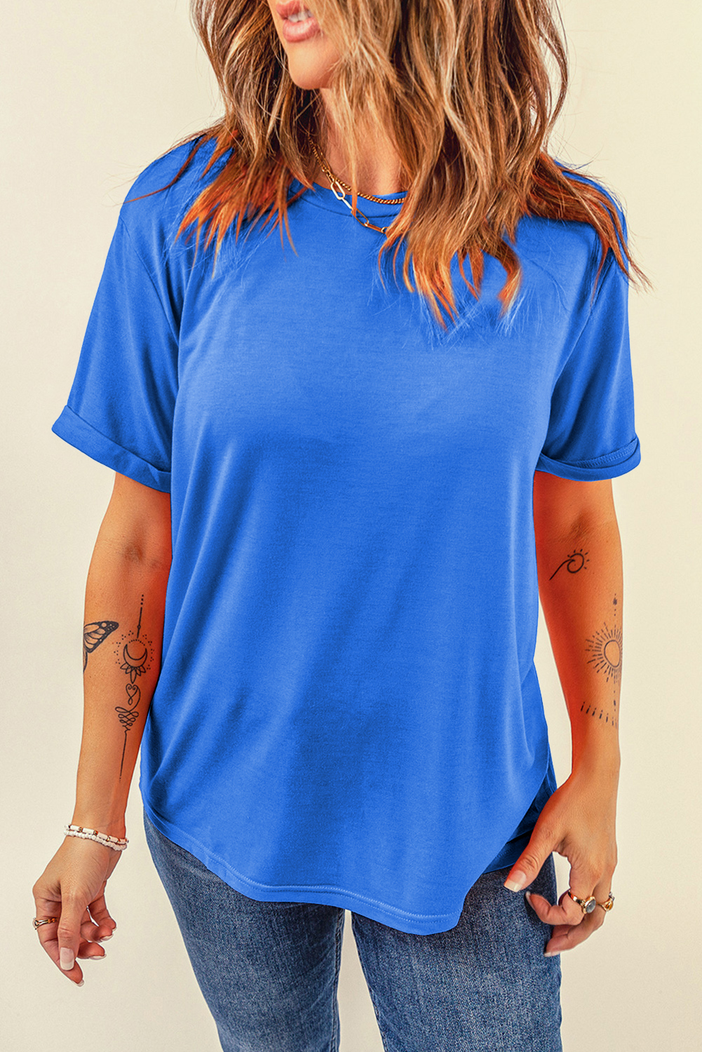 Classic Women's Dark Blue Round Neck T-Shirt – Versatile Solid Short Sleeve Tee for Daily Wear - Detail View 6