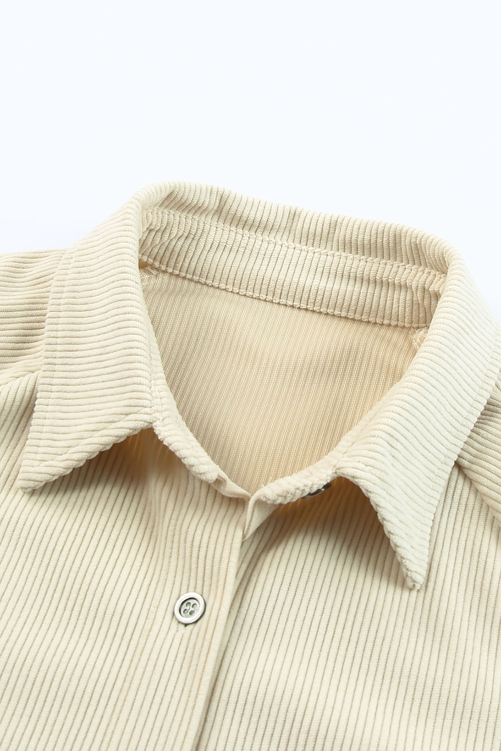 Women's Dress, Beige Corduroy, Long Sleeve, Mini Dress, Shirt Style, Casual, Daily Wear, Fall Fashion, Cozy and Warm, Timeless Design, Oversized Silhouette, Chic Look, Classic Clothing - Detail View 12