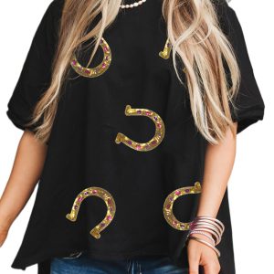 Women's Black High Low Hem Casual T-Shirt with Shiny Western Horseshoes Print - Main View