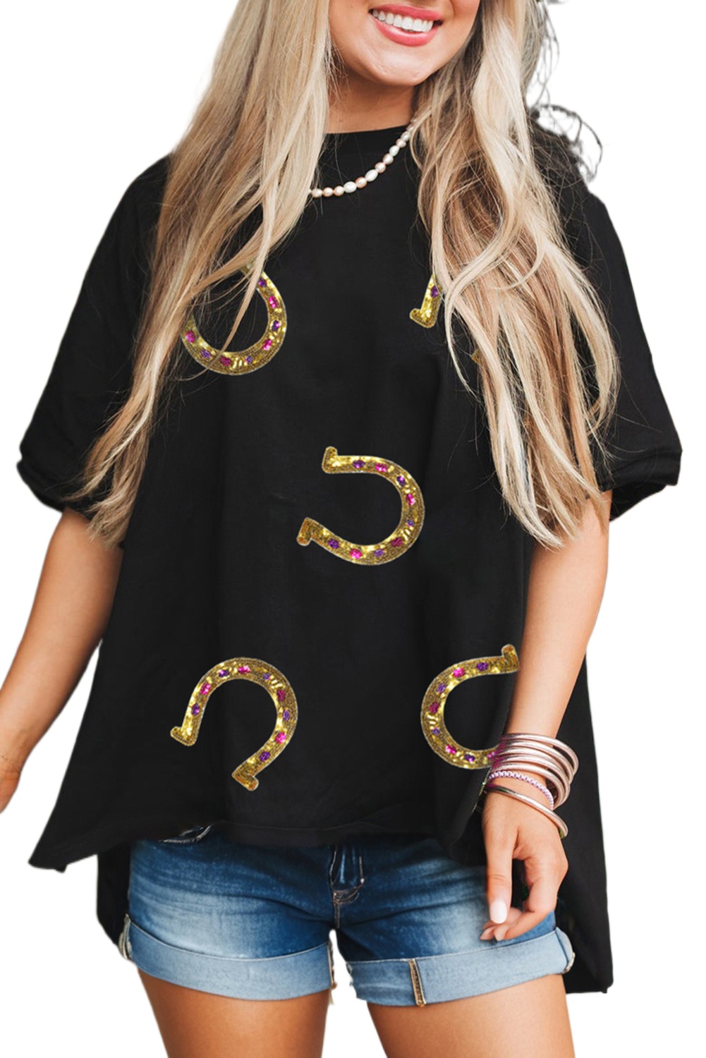 Women's Black High Low Hem Casual T-Shirt with Shiny Western Horseshoes Print - Main View