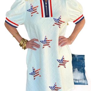 Women's White July 4th Sequined USA Flag Star Patched Collared T-Shirt Dress - Main View