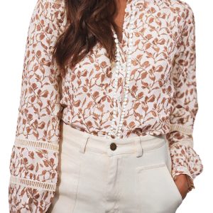Elegant Women's Yellow Printed Floral Blouse with Lace Detail and Puff Sleeves - Main View