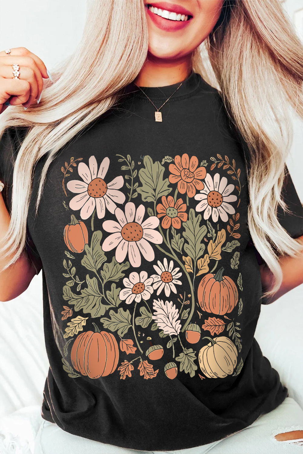 Casual Black Tee with Floral Pumpkin Print - Perfect for Thanksgiving - Detail View 2