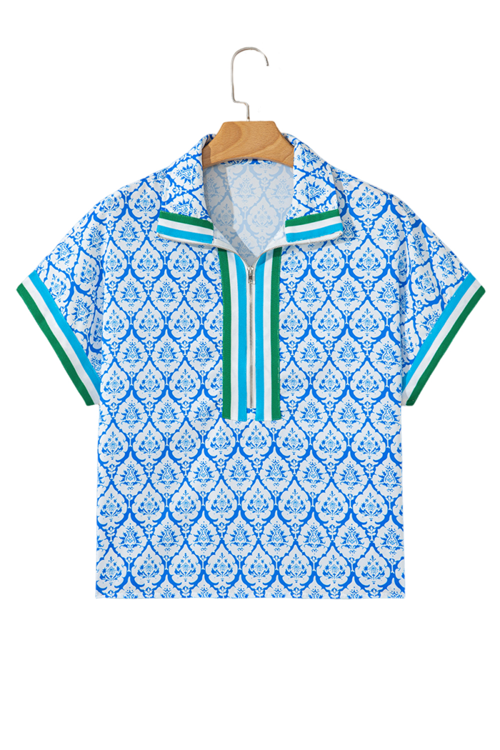 Women's Blouse, Sky Blue, Western Print, Short Sleeve, Zipped Collar, Summer Top, Lightweight, Comfortable, Elegant Design, Daily Wear, Geometric Pattern, Country Style, Tops & Shirts - Detail View 12