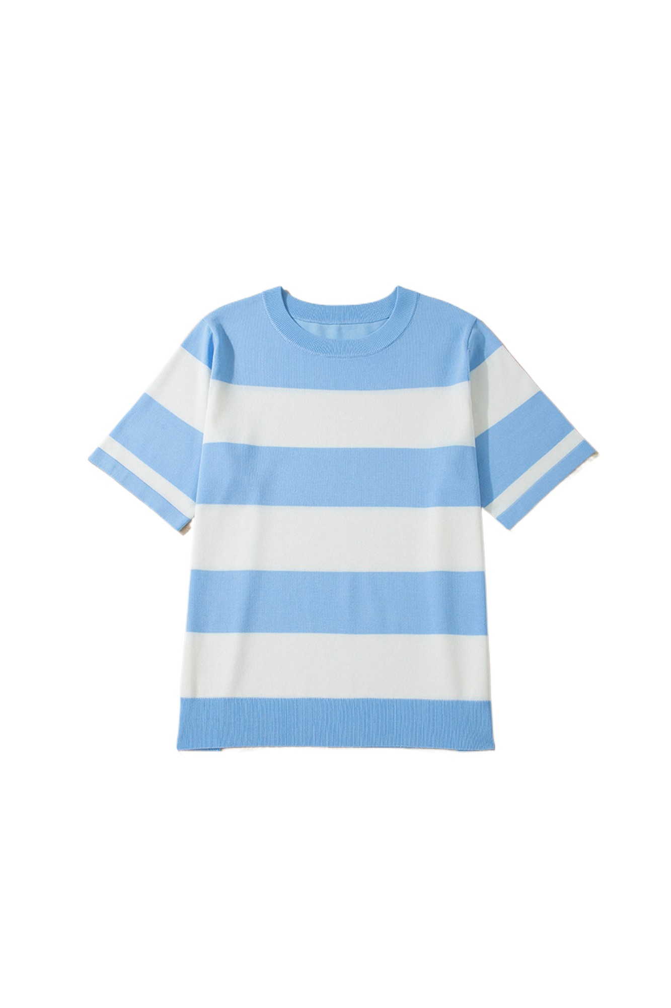 Women's Plus Size Short Sleeve Sweater – Sky Blue Stripe Colorblock Round Neck Knit Top - Main View