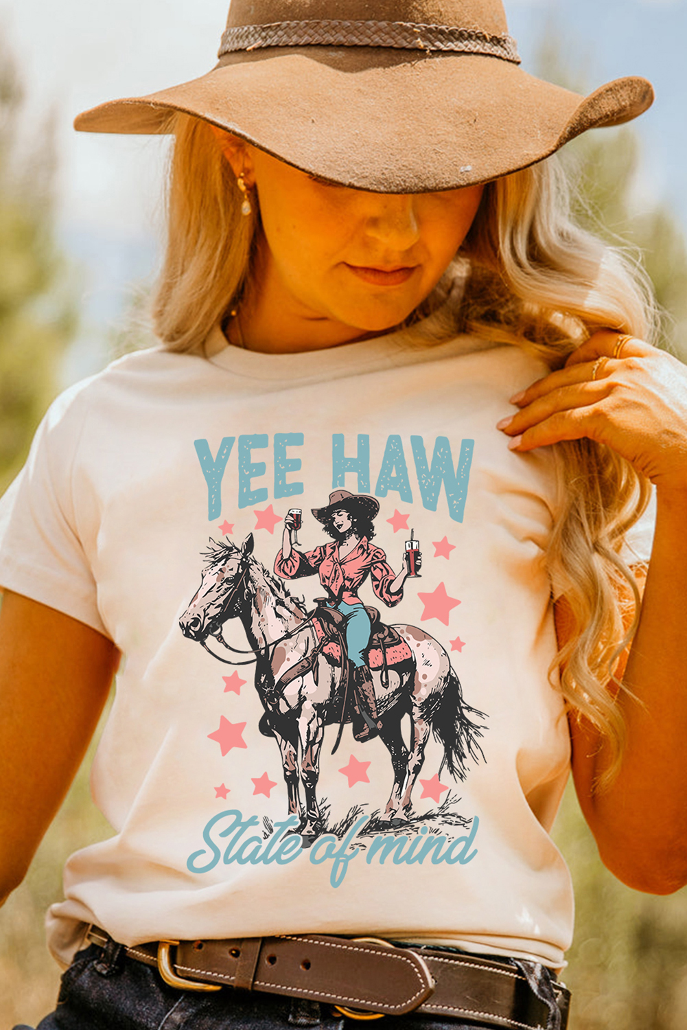 Casual Round Neck White T-Shirt with Western Inspired YEE HAW Design - Detail View 6
