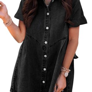 Women's Black Frilled Short Sleeve Button Up Loose Denim Shirt Dress - Main View