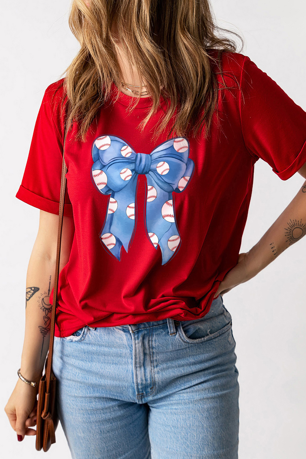 Women's Casual Red Rugby Bowknot Graphic Crew Neck Tee - Stylish & Comfortable - Detail View 9