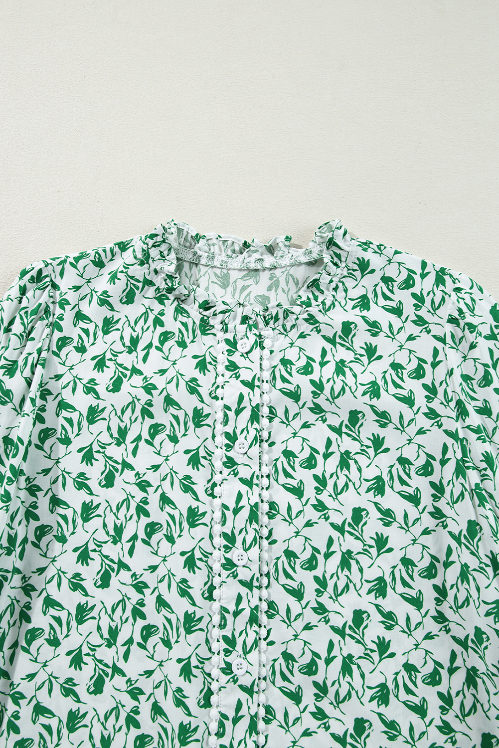 Elegant Long Sleeve V Neck Floral Shirt with Lace Decoration - Green Printed - Detail View 6