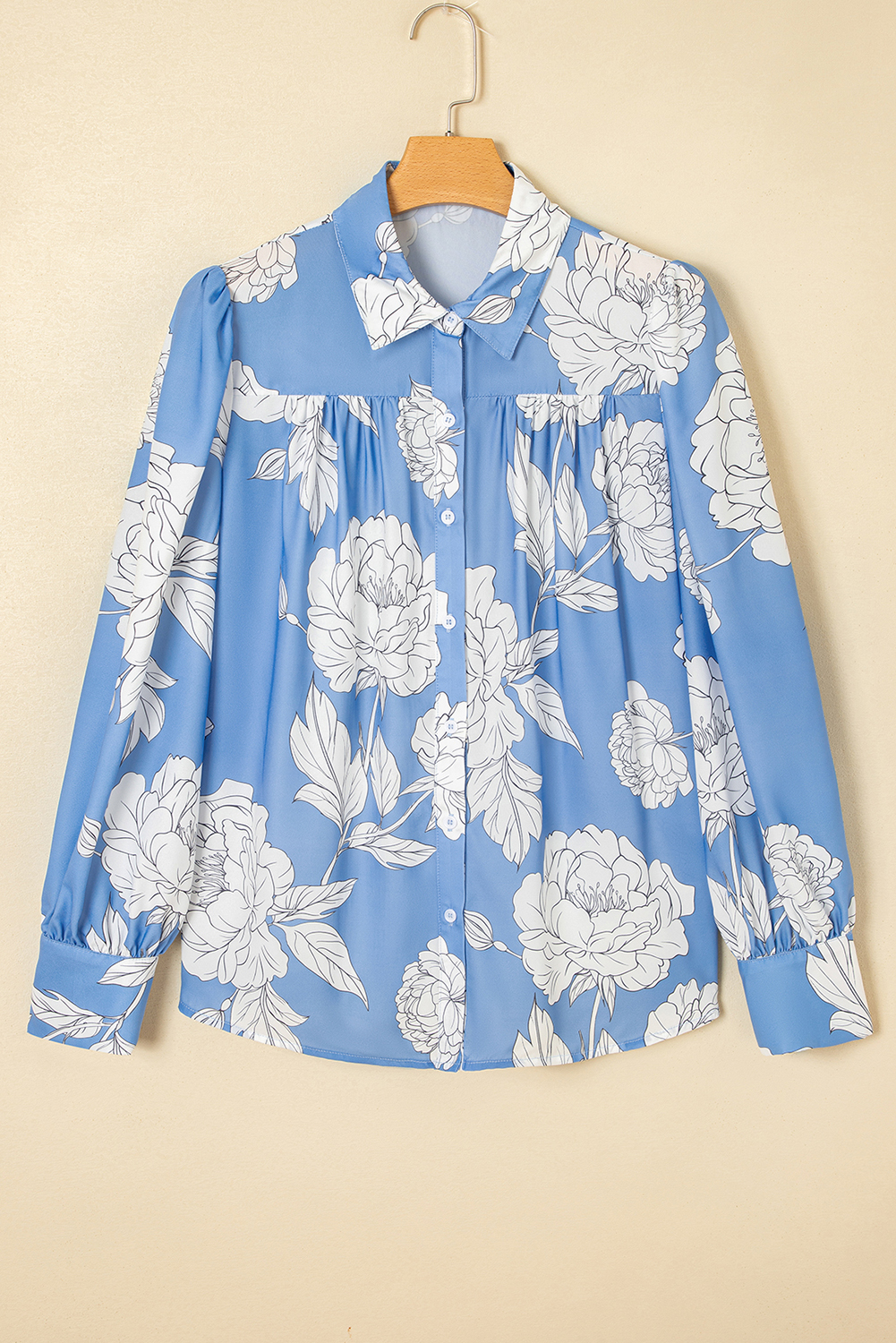 Women's Sky Blue Floral Print Button Up Puff Sleeve Shirt with Pleated Detail - Detail View 5