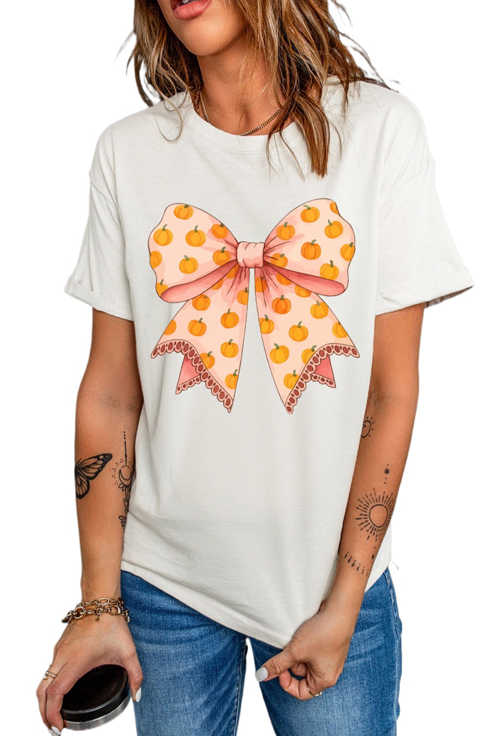 Women's White Thanksgiving Graphic T-Shirt with Pumpkin and Bow Print - Main View