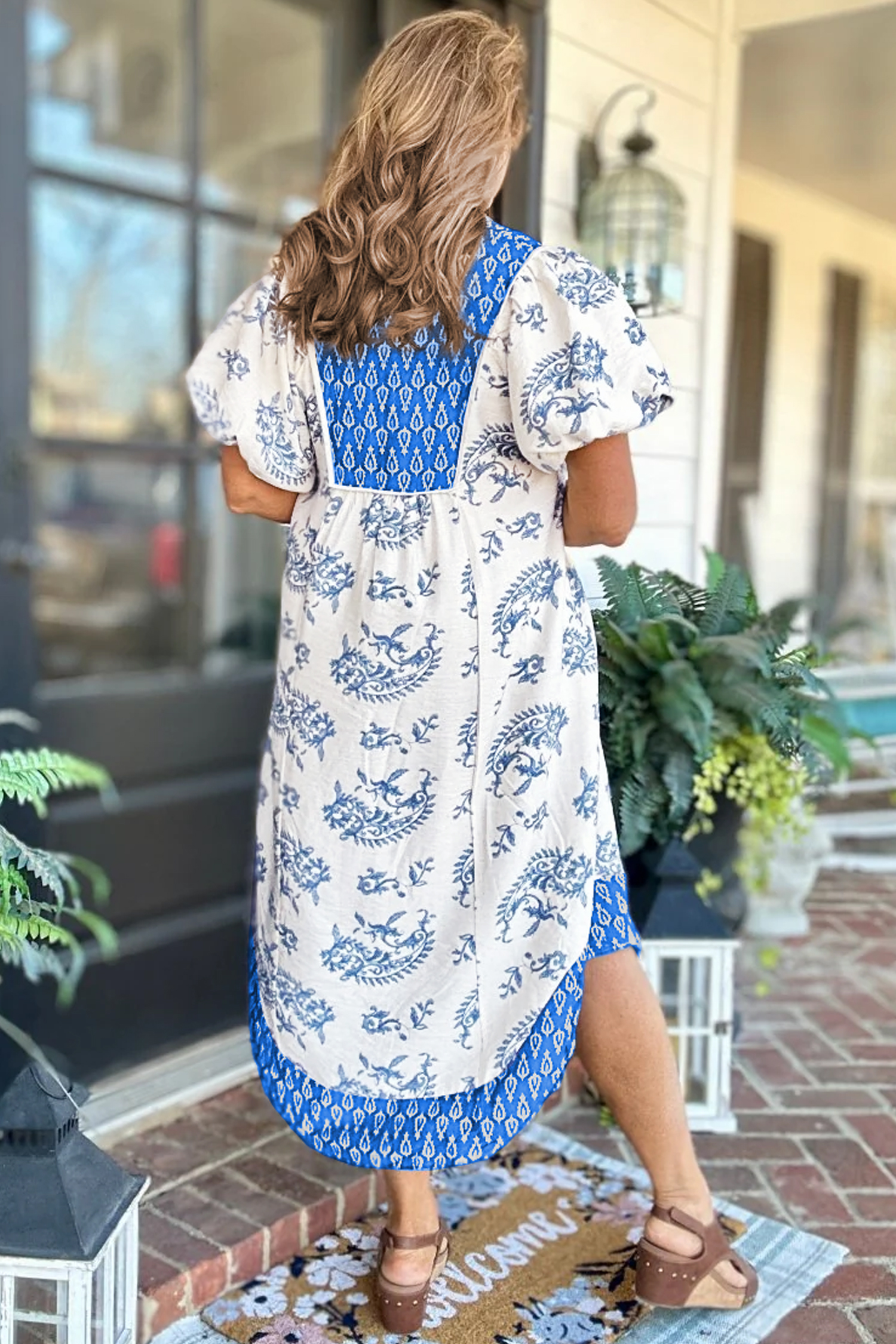 Short Sleeve Floral Midi Dress for Women – Casual Patchwork A-Line Vacation Outfit - Detail View 2