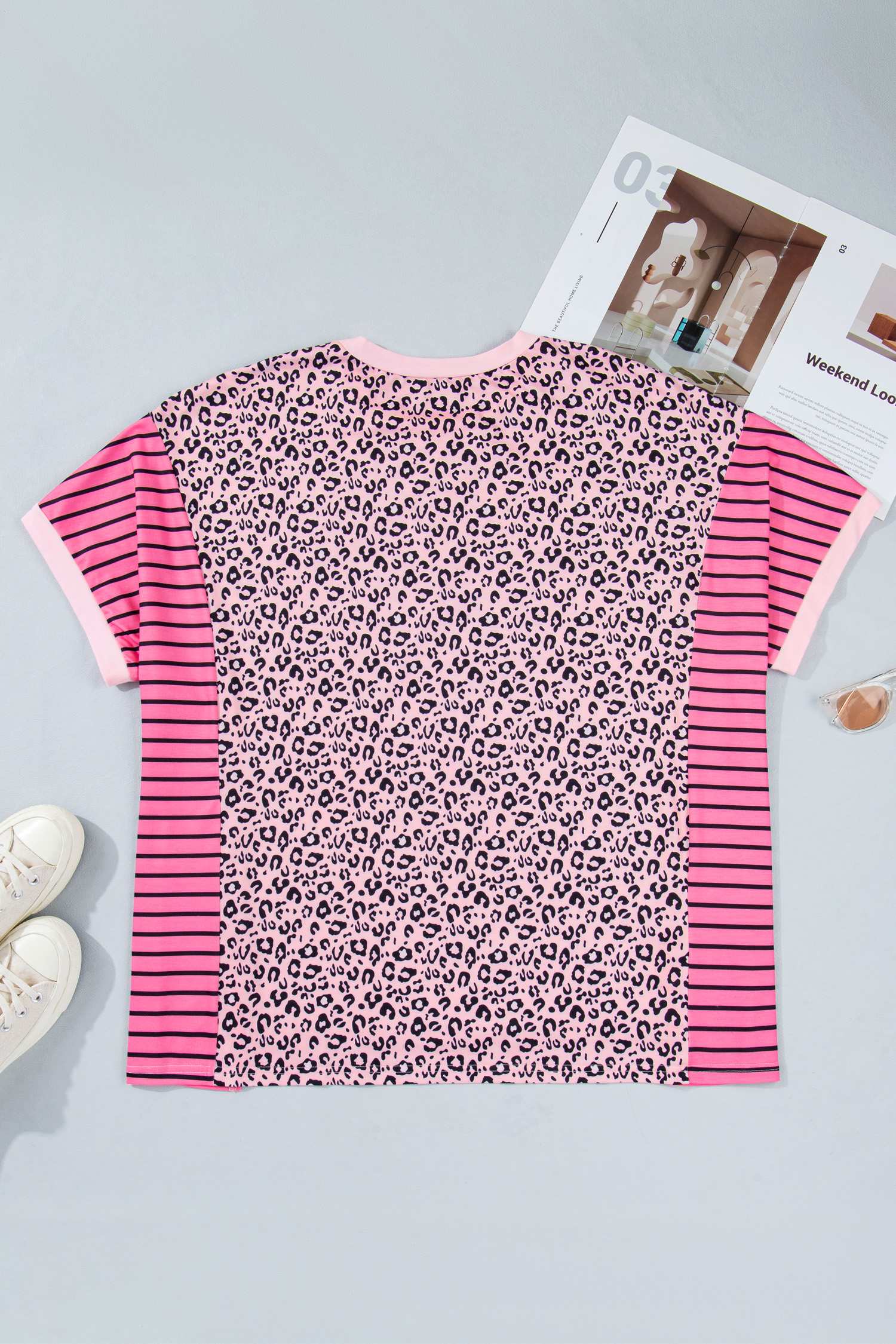 Women's Plus Size Pink Leopard Tee – Short Sleeve Patchwork Colorblock Casual Shirt - Detail View 4