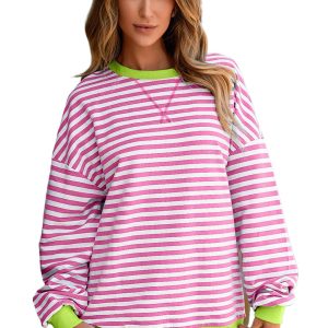 Women's Rose Red Striped Contrast Ribbed Trim Crossed Stitch Sweatshirt - Main View