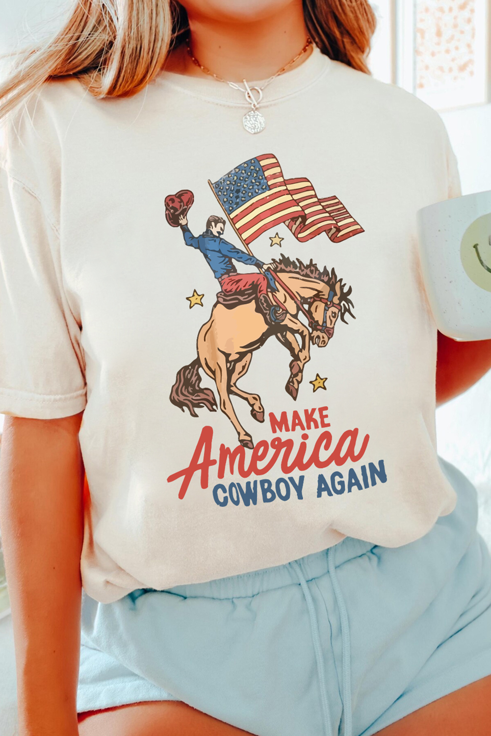 Women's White MAKE AMERICA COWBOY AGAIN Graphic Crewneck Tee - Casual Patriotic Style - Detail View 5