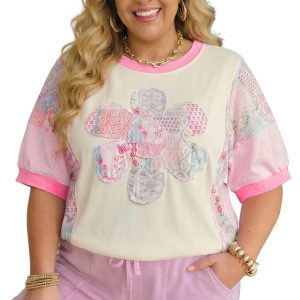 Women's Plus Size Floral Patchwork T-Shirt – Casual Round Neck Short Sleeve Top, Beige - Main View