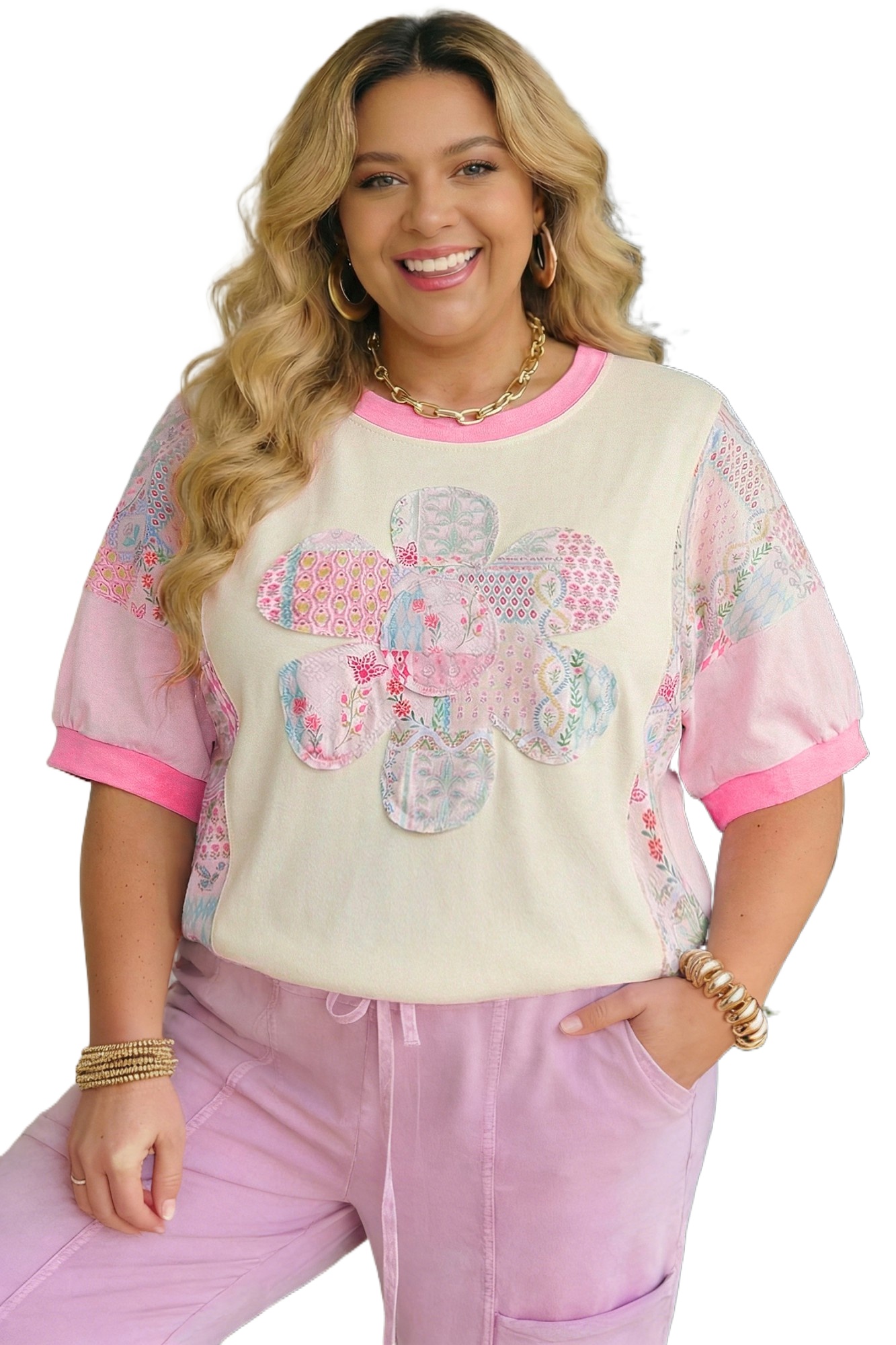 Women's Plus Size Floral Patchwork T-Shirt – Casual Round Neck Short Sleeve Top, Beige - Main View