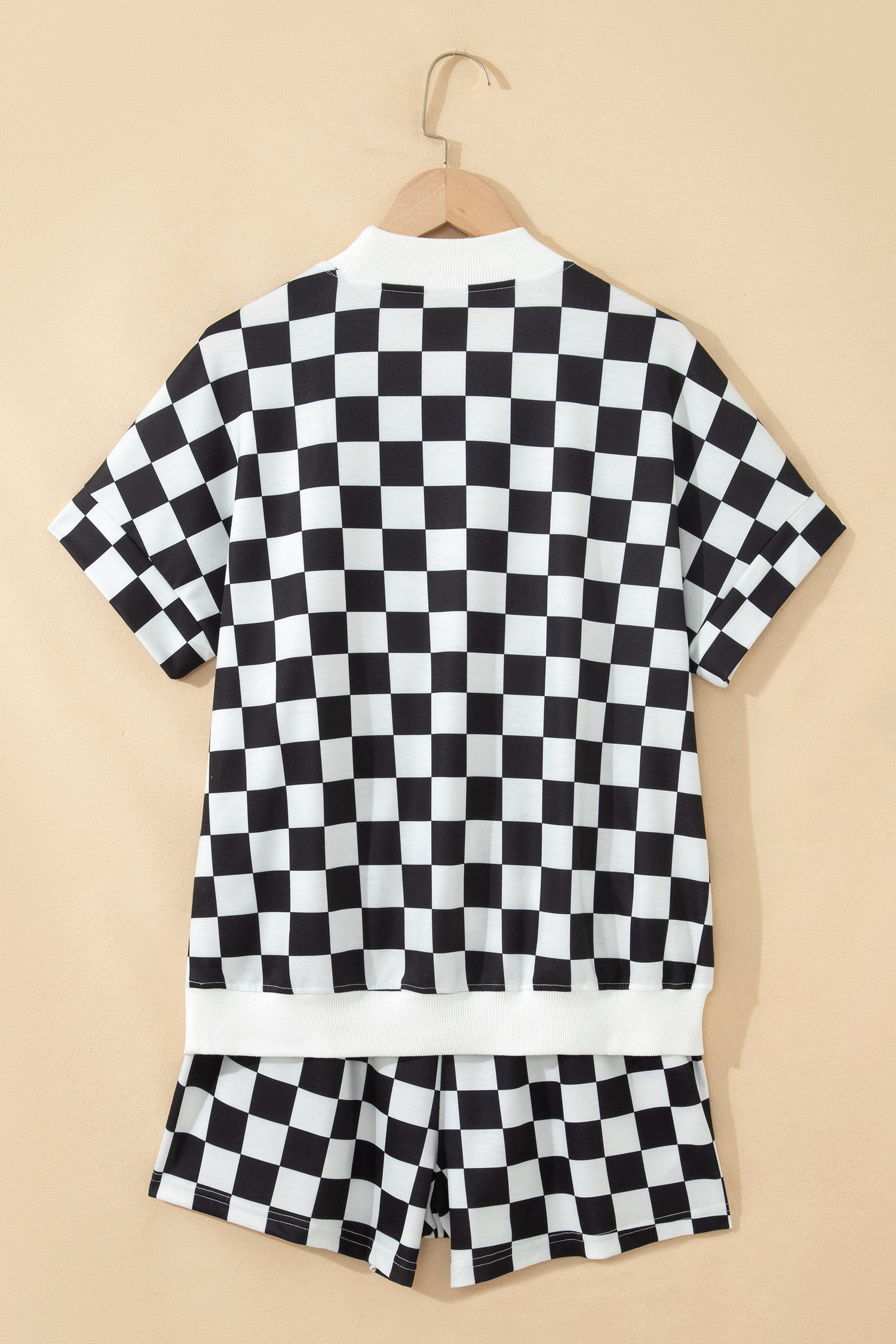 Chic Plaid Colorblock Short Set for Women – Comfortable Mock Neck Casual Two-Piece Lounge Outfit - Detail View 5