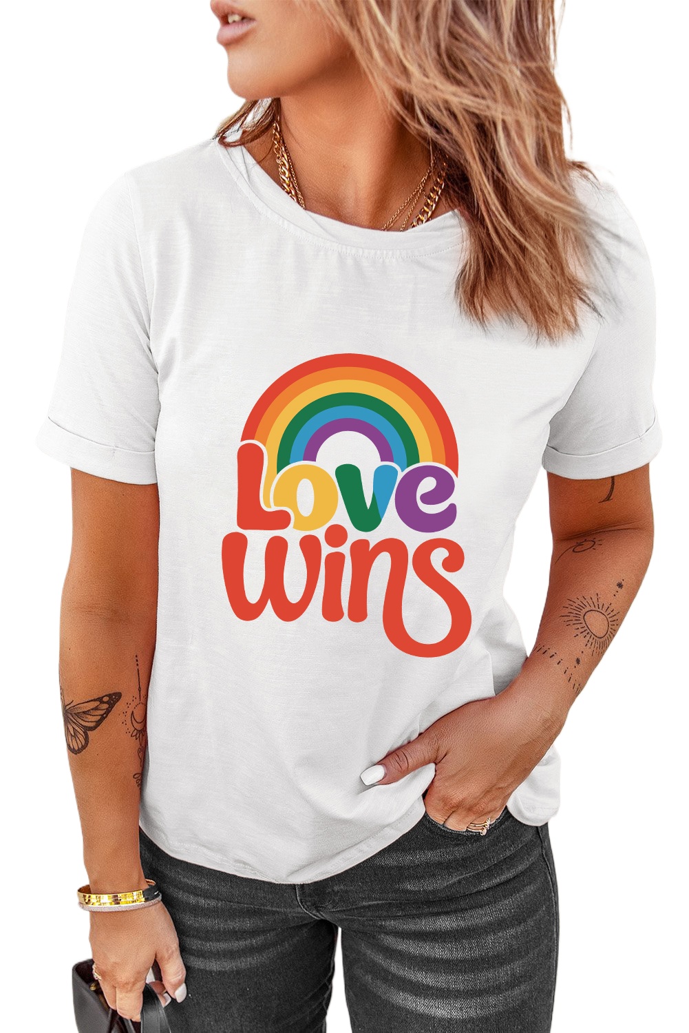 Women's White Love Wins Pride Rainbow Graphic Casual T-Shirt - Main View