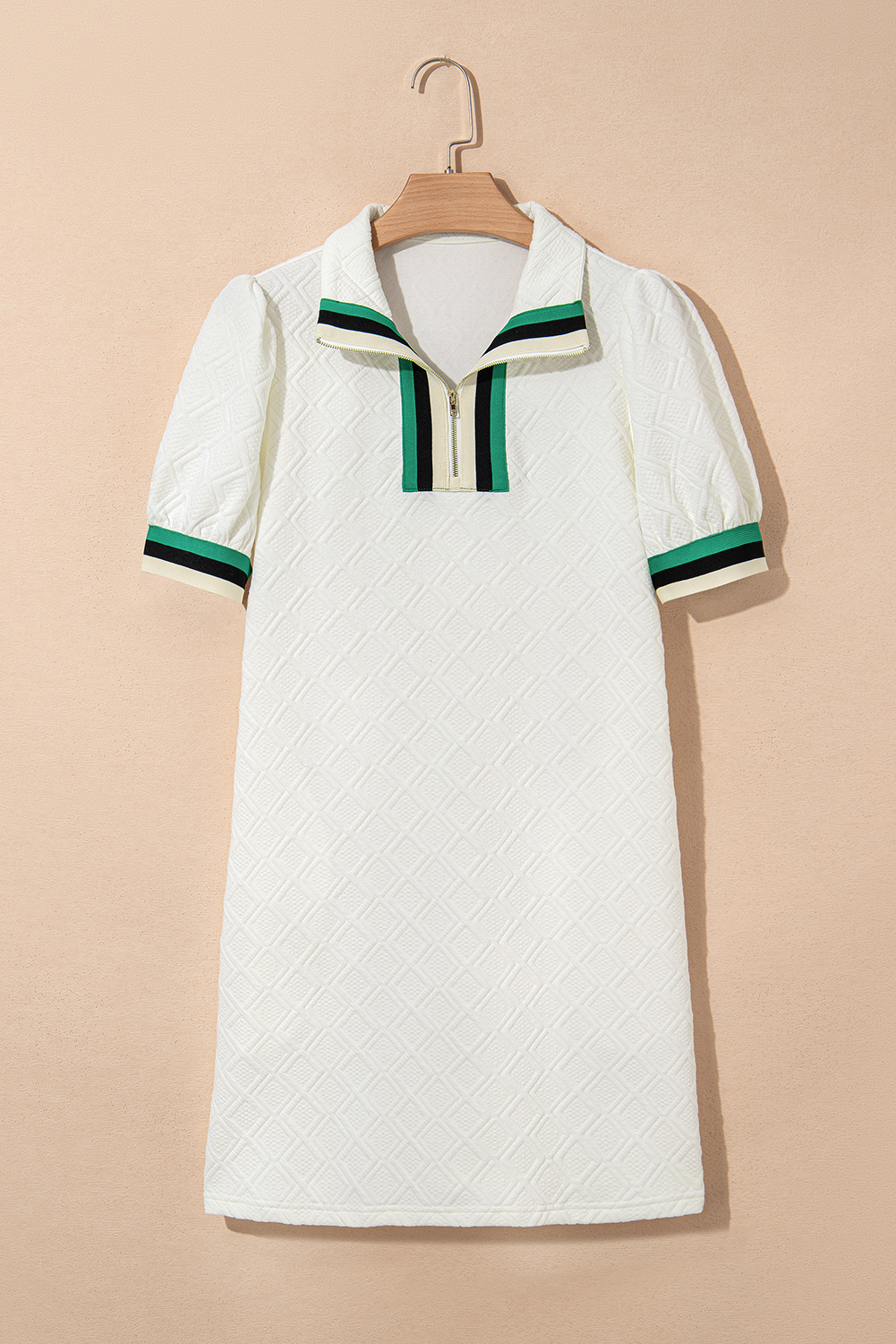 Chic Summer Mini Dress with Puff Sleeves and Colorblock Design - Quarter Zip Closure - Detail View 6
