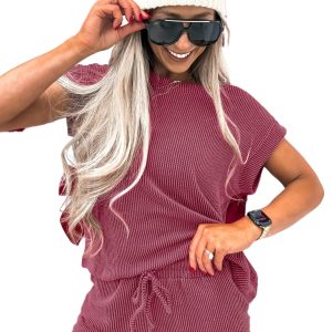 Women's Pitaya Pink Corded Two-Piece Set – Casual Short Sleeve Tee and Drawstring Shorts - Main View