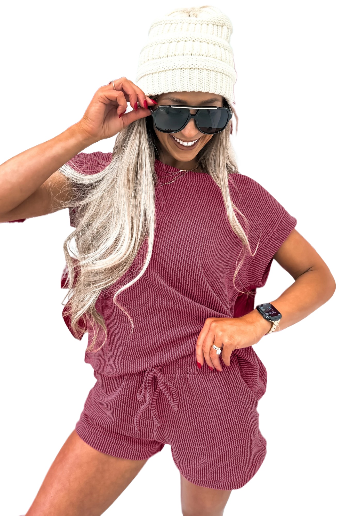 Women's Pitaya Pink Corded Two-Piece Set – Casual Short Sleeve Tee and Drawstring Shorts - Main View