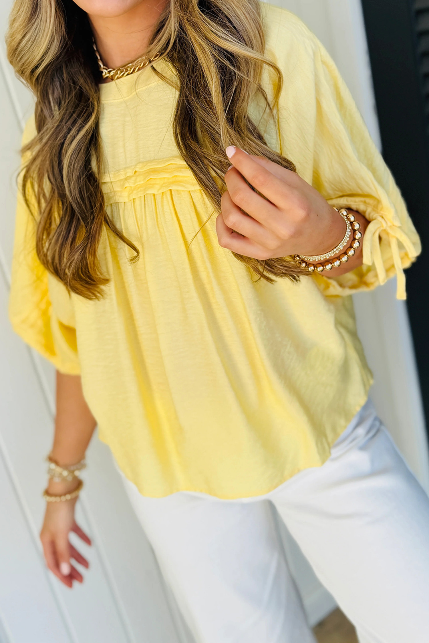 Chic Women's Solid Yellow Cream Blouse – Lightweight Pleated Casual Top, Stylish Gift for Her - Detail View 3
