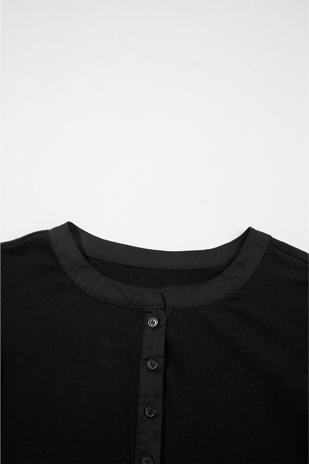 Women's Black Ribbed Patchwork Puff Sleeve Slim Fit Top with Half Button Placket - Detail View 9
