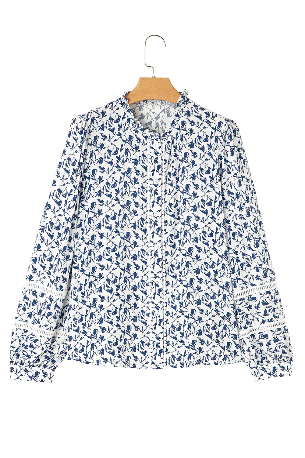 Women's Blue Printed Floral Blouse with Lace Detail and Puff Sleeves - Detail View 13