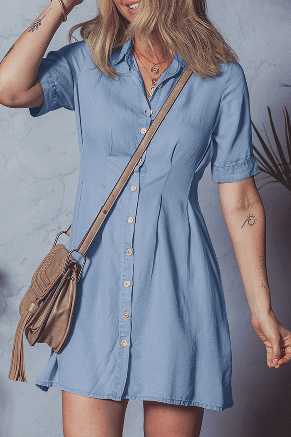 Chic Short Sleeve Shirt Dress for Ladies - Lightweight 100% Cotton Denim for Summer - Detail View 7