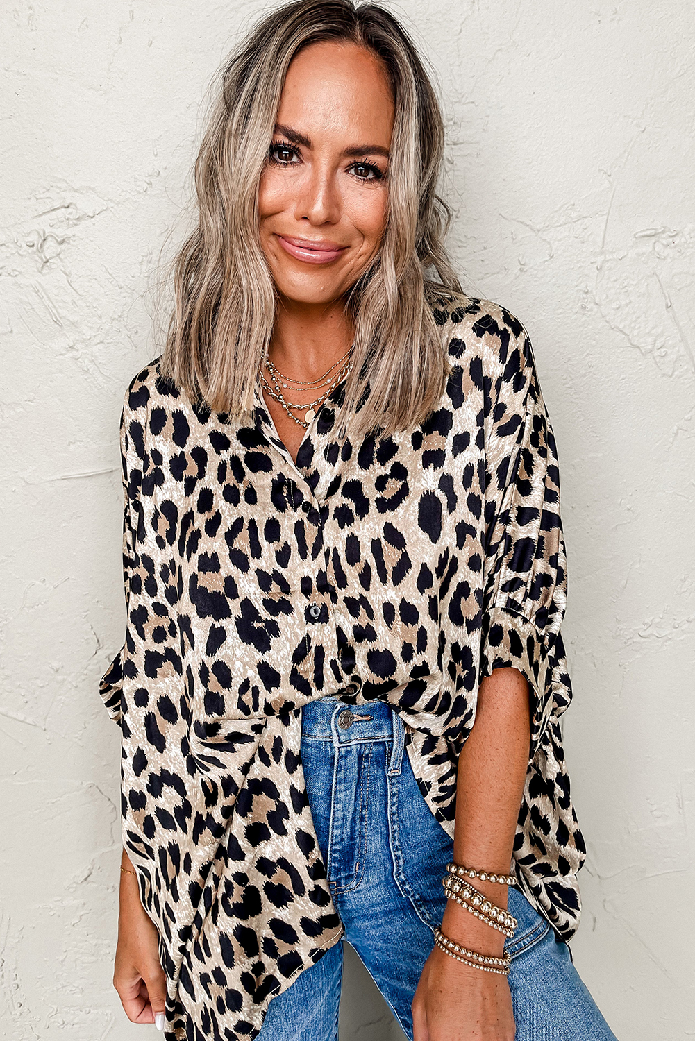 Women's Beige Leopard Print Buttoned 3/4 Sleeve Shirt - Loose Fit Fashion Top - Detail View 13