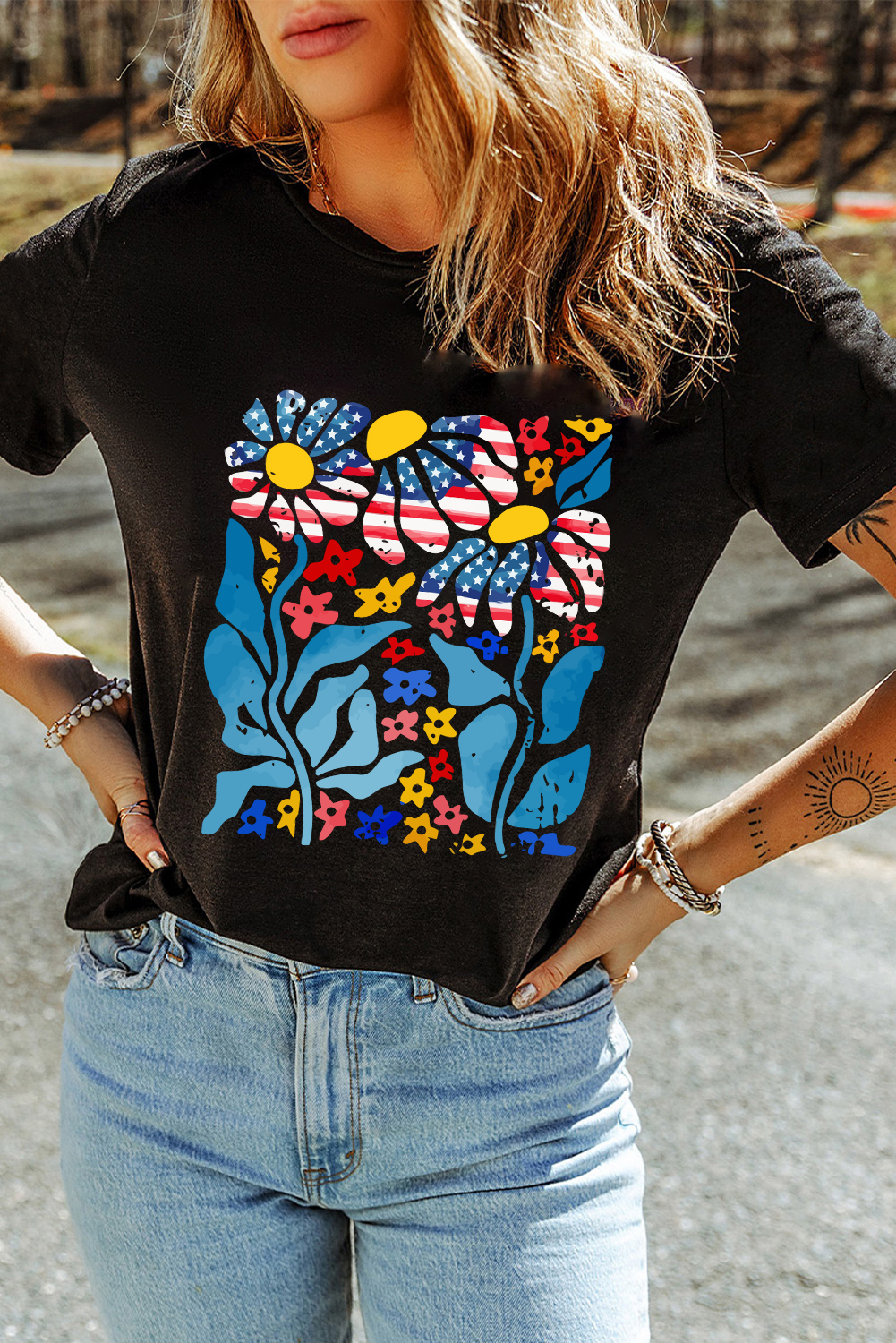 Comfortable Black Tee with Unique USA Flag and Flower Print - Perfect for Summer - Detail View 7