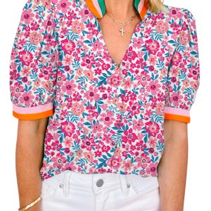 Women's Pink Floral Print Blouse with Contrast Striped Detail - Short Sleeve V Neck Top - Main View