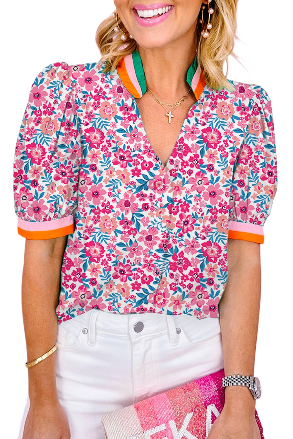 Women's Pink Floral Print Blouse with Contrast Striped Detail - Short Sleeve V Neck Top - Main View