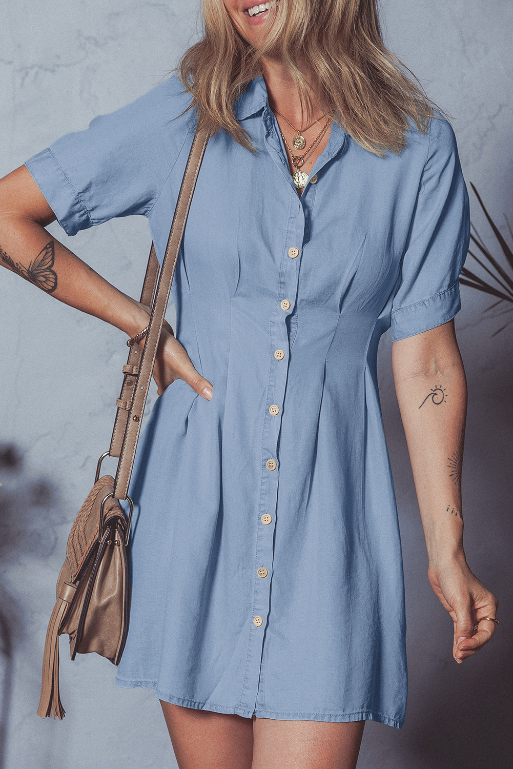 Women's Myosotis Denim Pleated Slim Waist Short Sleeve Shirt Dress - Casual Chambray Style - Detail View 5