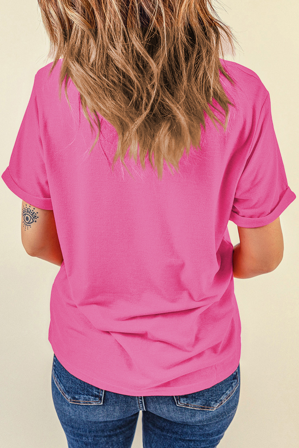 Stylish and Comfortable Women's Rose Red Graphic T-Shirt with Cuffed Sleeves - Perfect for Summer - Detail View 3