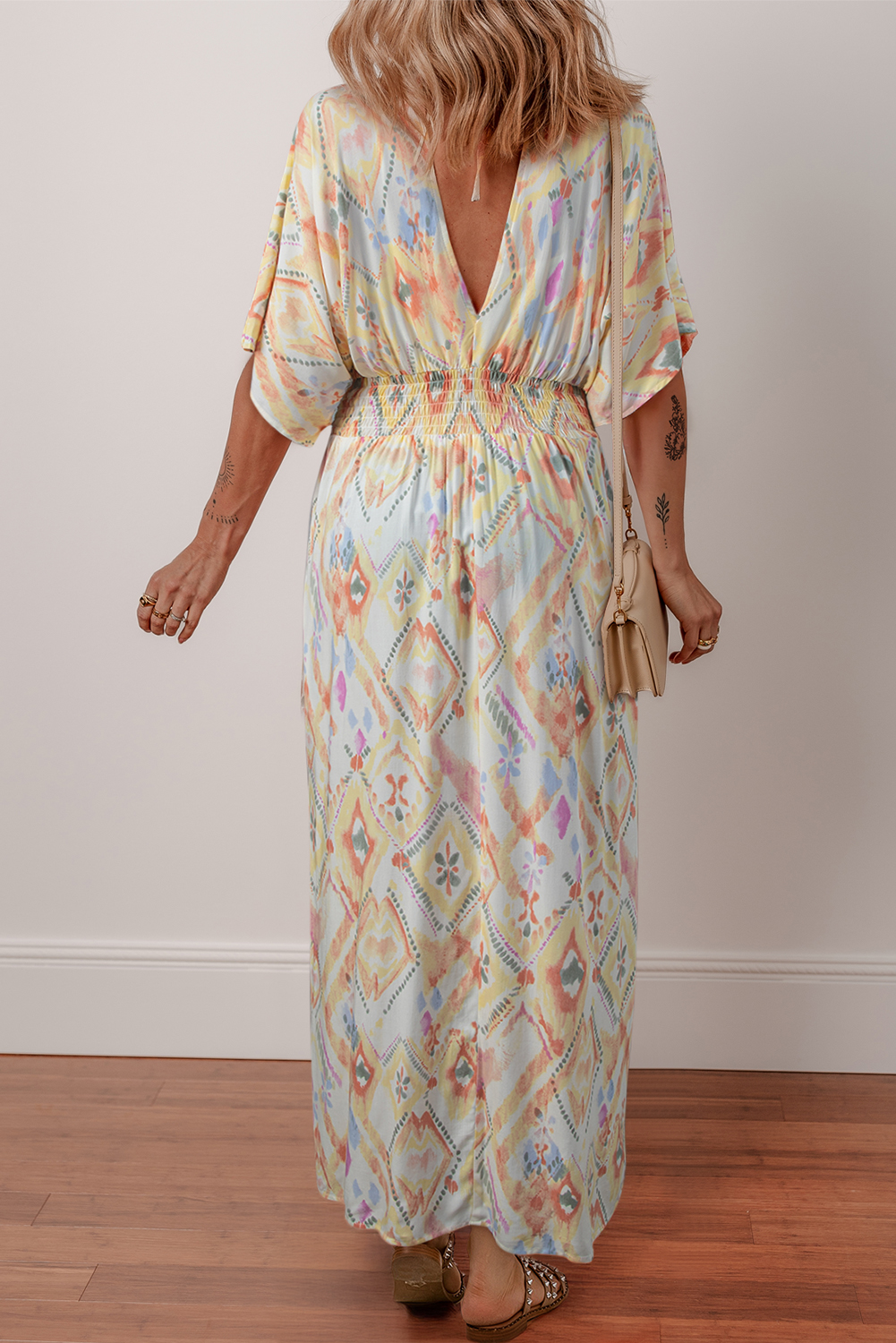 Bohemian Style V Neck Maxi Dress with Shirred High Waist and Side Split - Detail View 2
