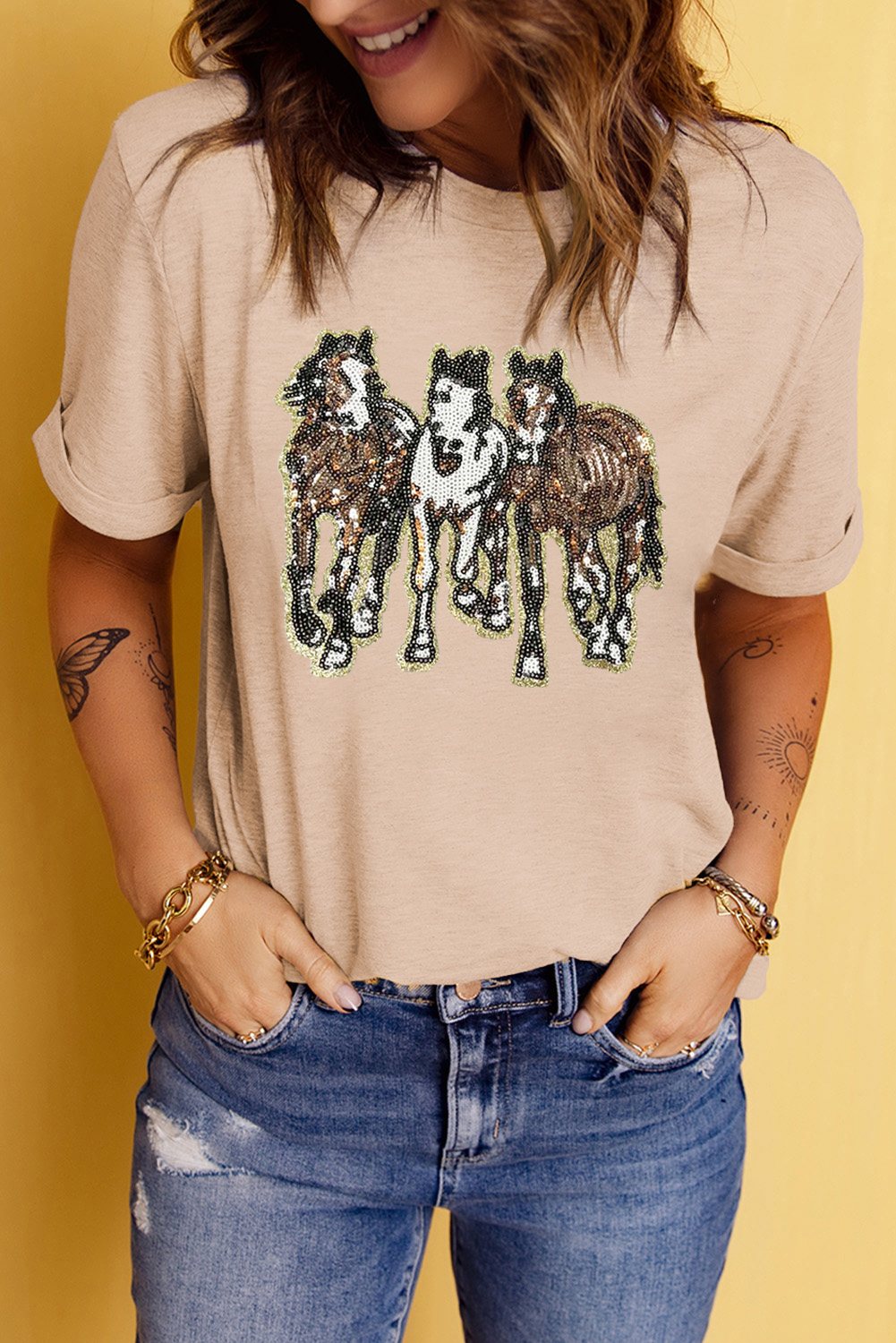 Stylish Khaki Crewneck T-Shirt with Whimsical Sequin Horses Design - Detail View 6