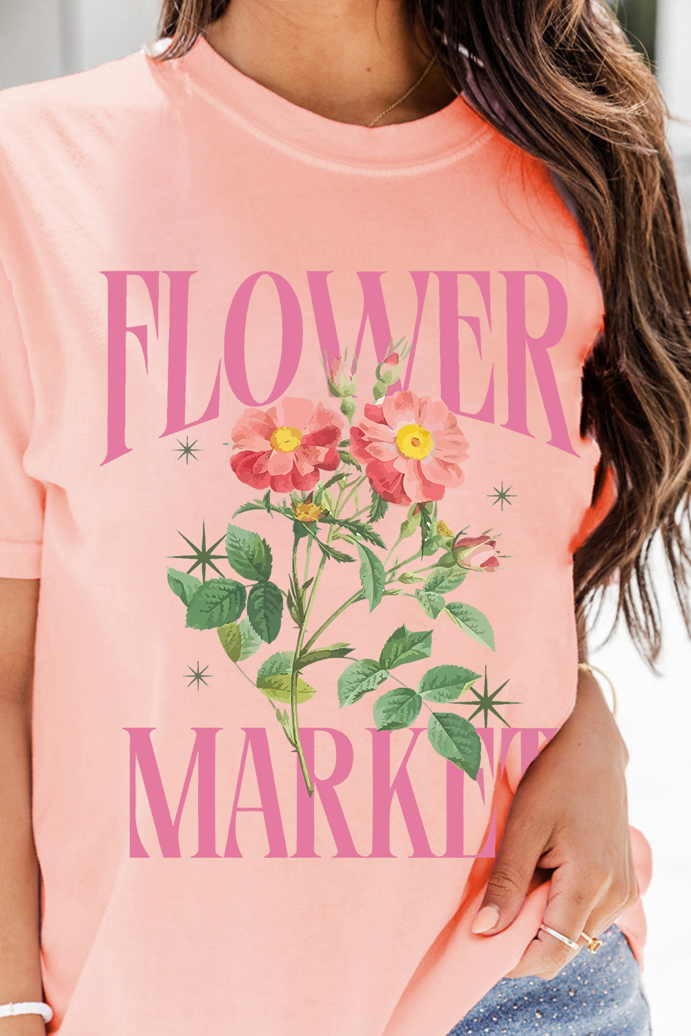 Women's Pink FLOWER MARKET Graphic Crewneck T-Shirt - Casual Summer Style - Detail View 5
