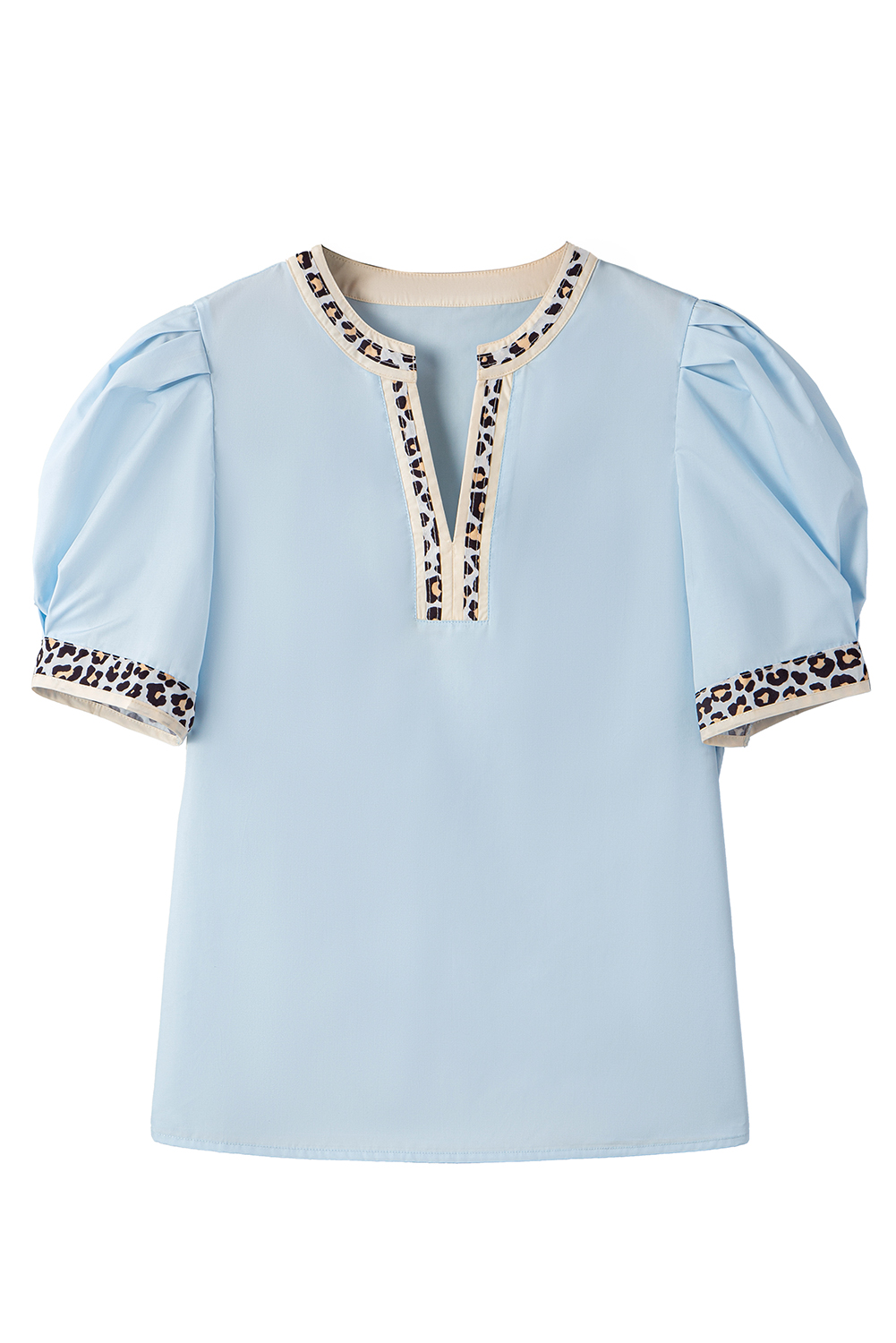 Stylish and Comfortable V Neck Blouse - Beau Blue with Leopard Trim - Detail View 6