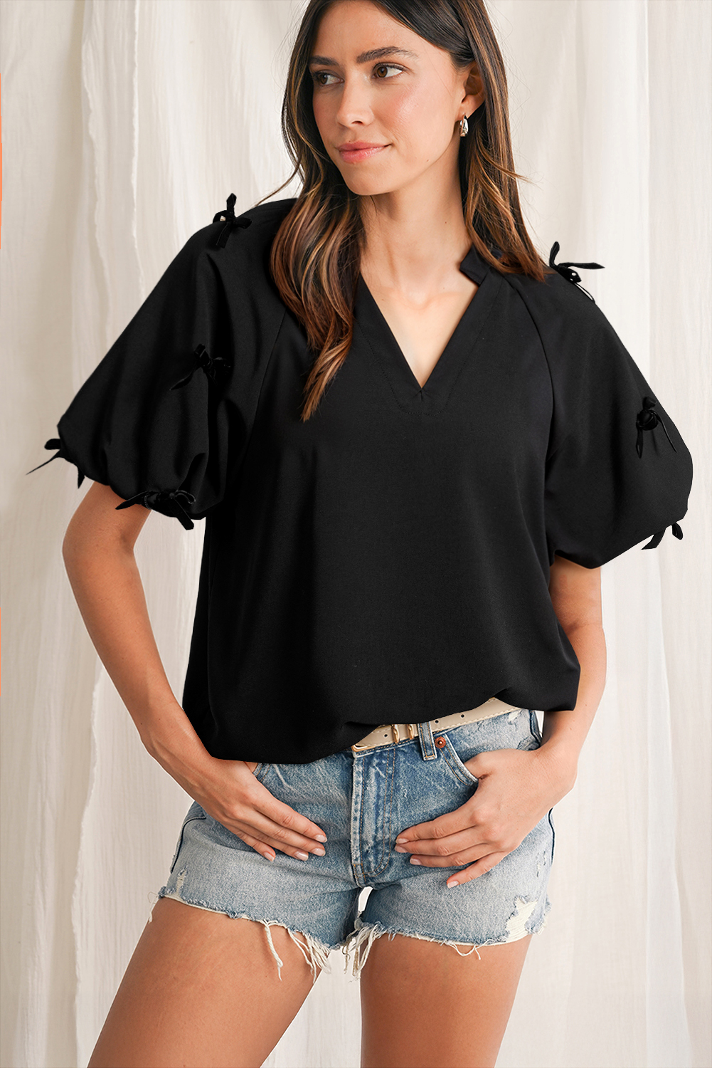 Sophisticated Women's V Neck Blouse with Trendy Puff Sleeves - Black - Detail View 3