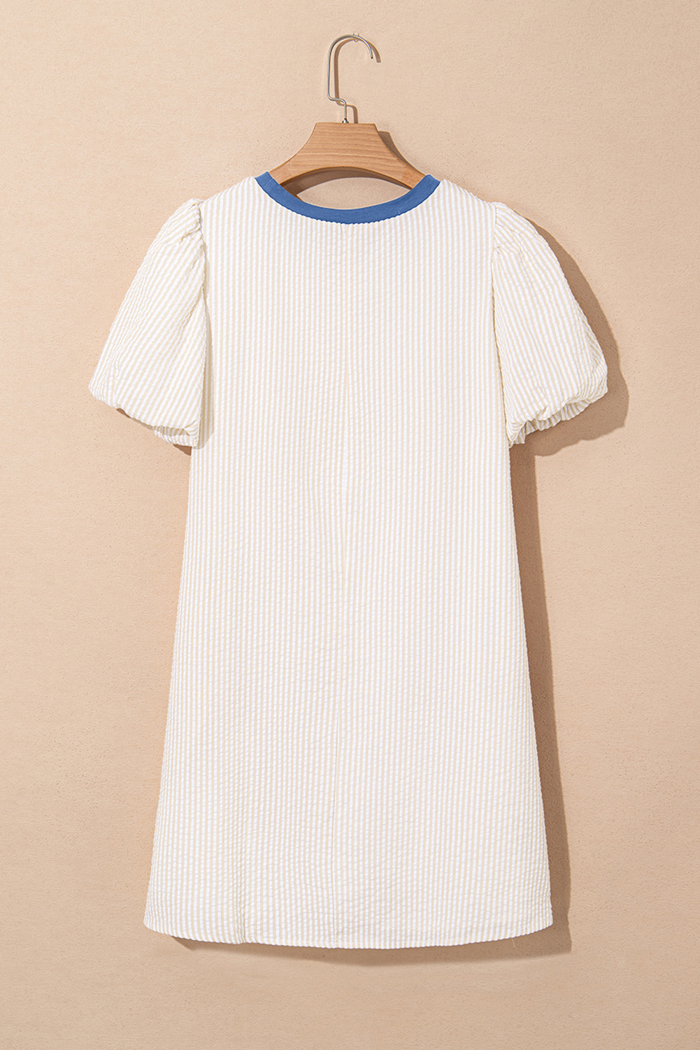 Cute Mini T-Shirt Dress with Short Puff Sleeves and Contrast Trim - Beige Stripe - Detail View 6