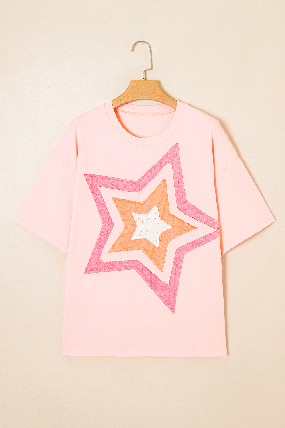 Women's Light Pink Plus Size T-Shirt with Eyelet Lace Star Applique - Detail View 5