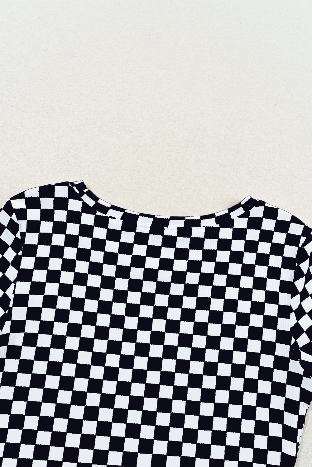 Women's Black Checkered Ribbed Slim Fit Crew Neck T-Shirt for Casual Elegance - Detail View 5