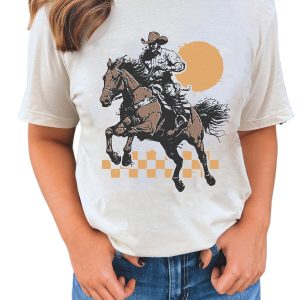 Women's White Sunset Cowboy Print Western Graphic T-Shirt - Main View