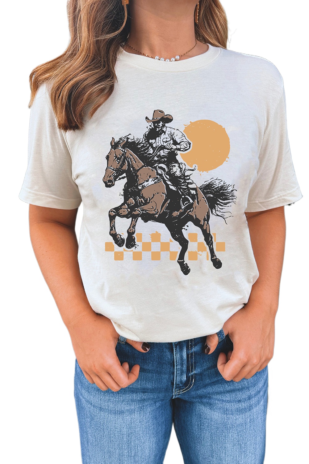 Women's White Sunset Cowboy Print Western Graphic T-Shirt - Main View