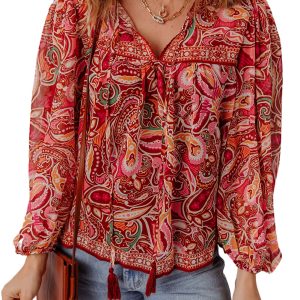 Women's Multicolour Ethnic Paisley Print Boho Blouse with Tassel Tie and Puff Sleeves - Main View